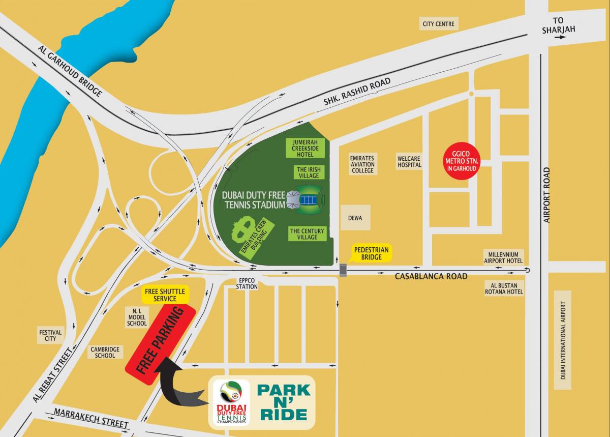Dubai duty free tennis stadium zemljevid z lokacijo