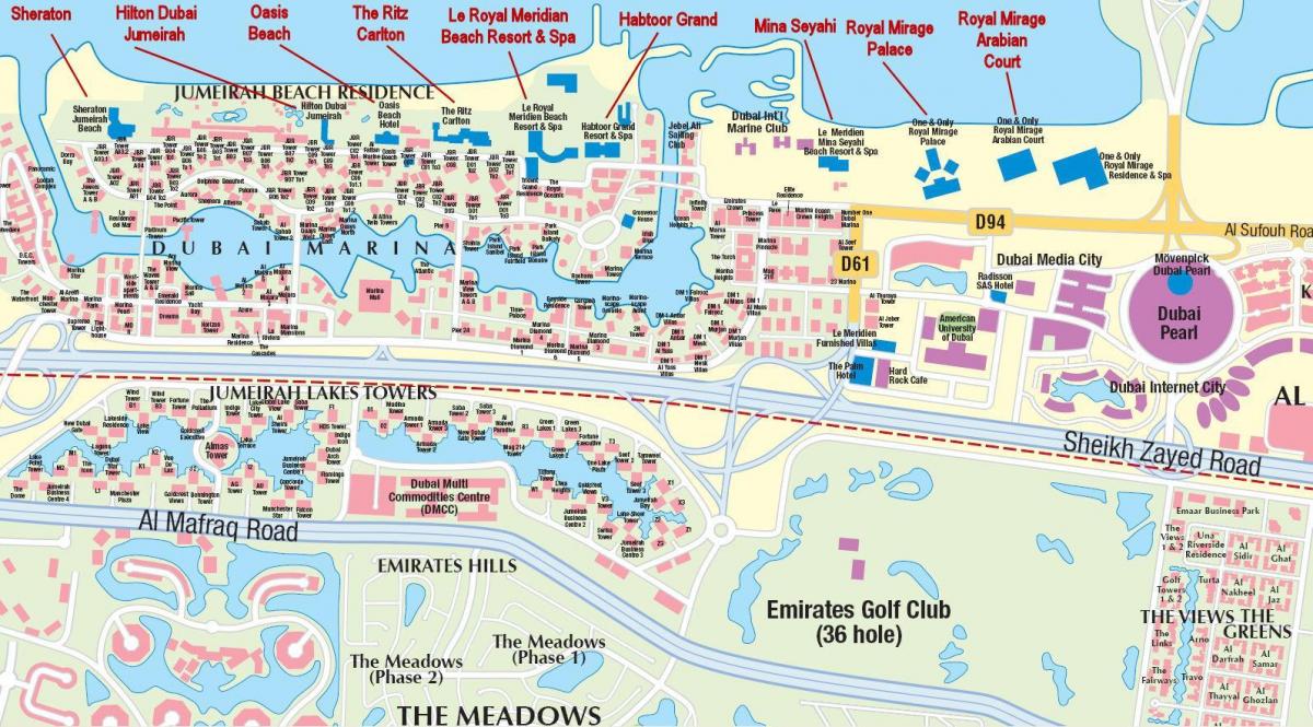 Dubai marina zemljevid z izgradnjo imena